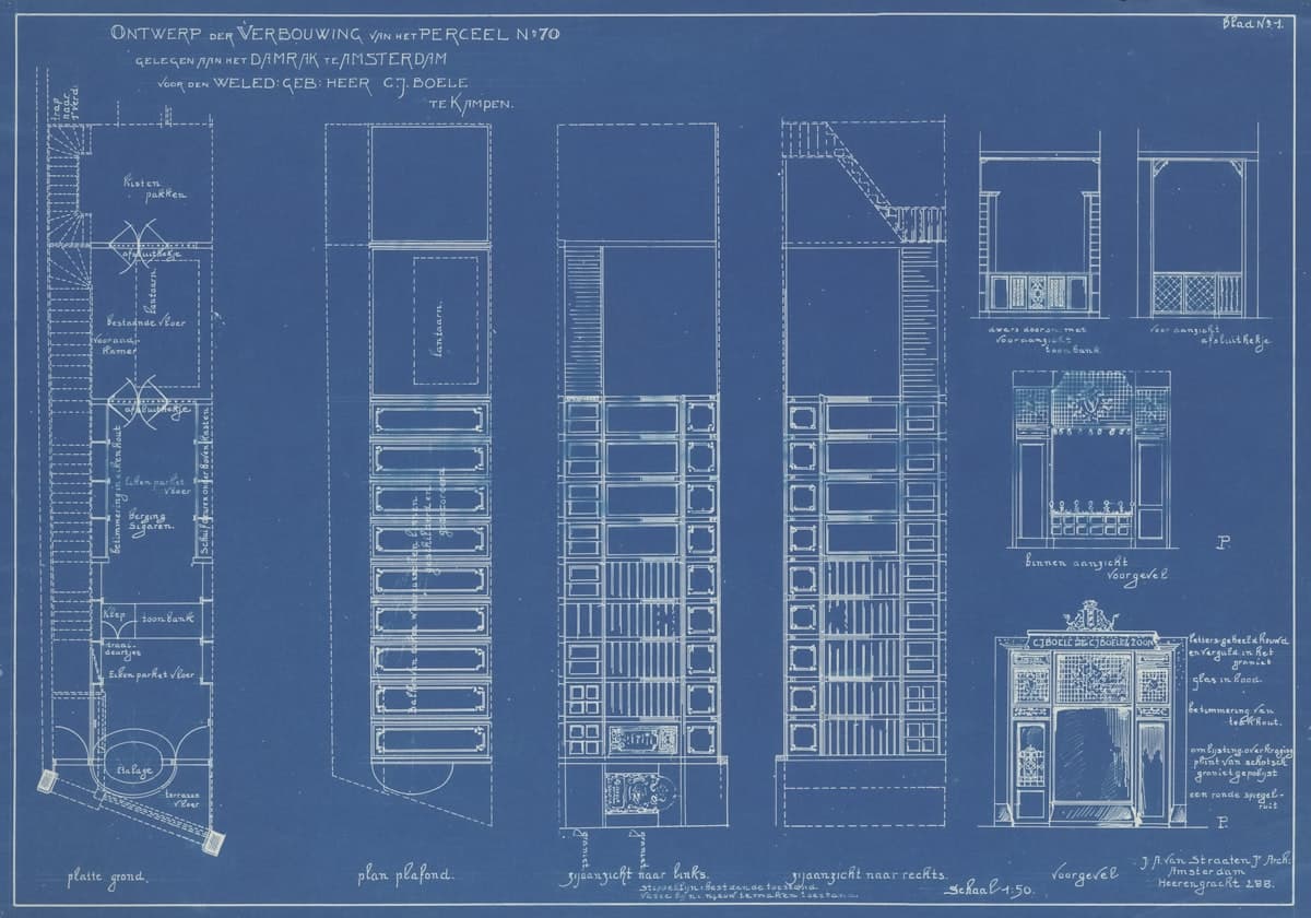 Detailed architectural blueprint of a multi-storey building elevation